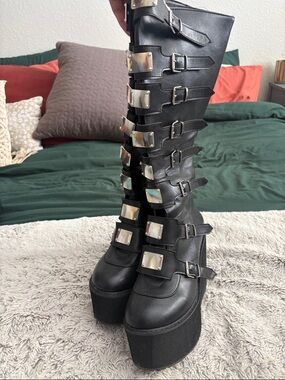 Black Platform Knee-High Buckle Boots - Women